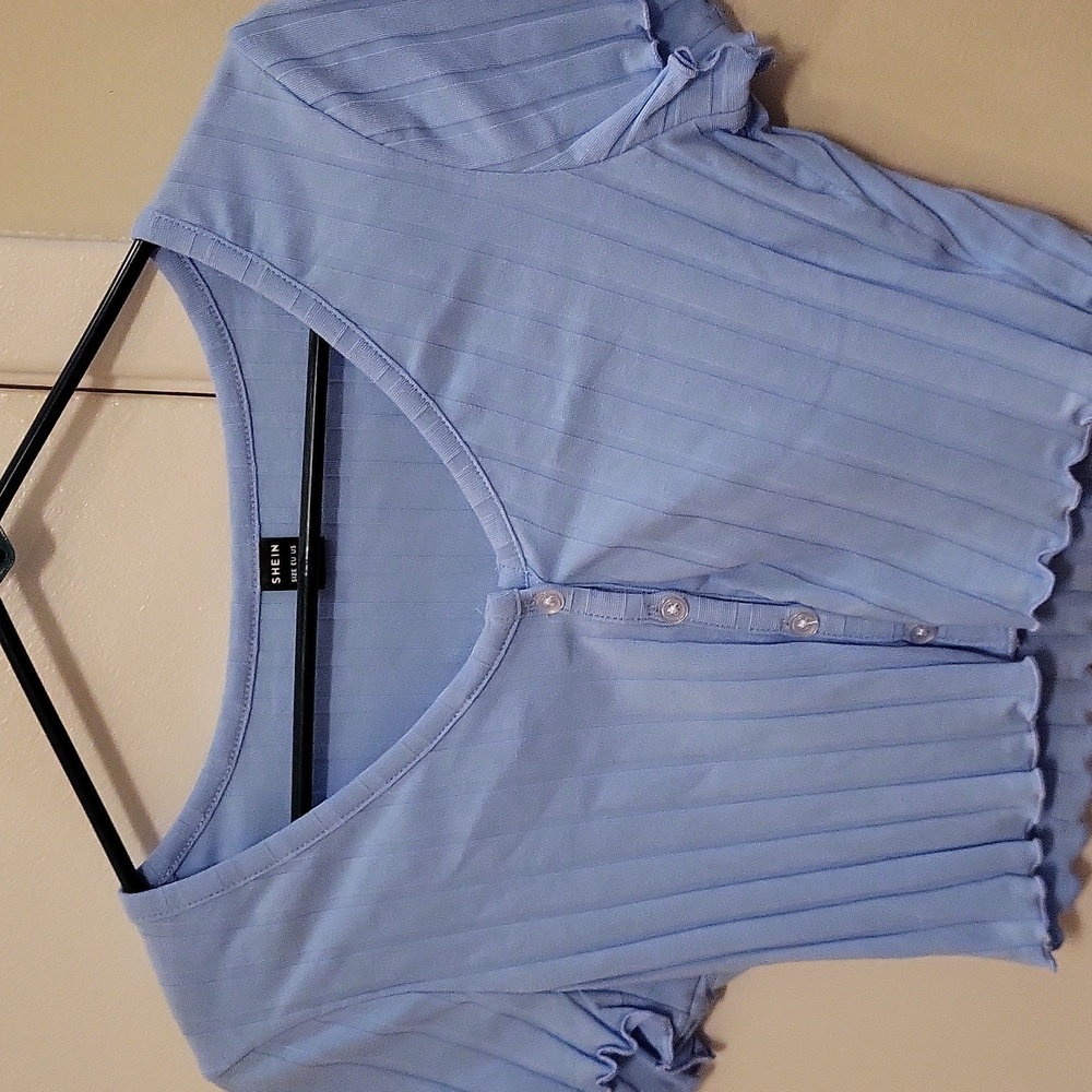 SHEIN Sky Blue Button-Up Ribbed Blouse